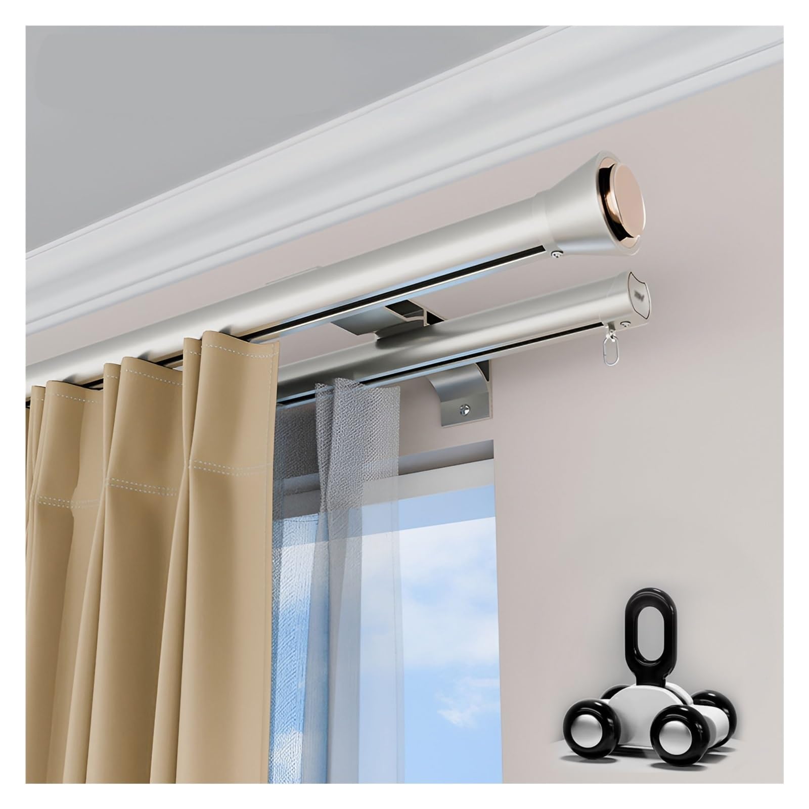 GTHTUHFD Double Wall Curtain Rod For Roman Shades, Aluminum Drapery Pole With 4-Wheel Pulley System, 630Cm,Champagne-280cm/9.2ft(2 * 140cm