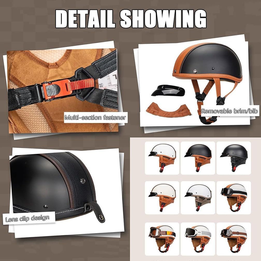 Demi Casque De Moto avec Lunettes Léger Casque Jet Rétro, Demi-Casque Moto Cuir Vintage Homologué ECE, Boucle à Dégagement Rapide Réglable Casque Ouvert pour Scooter Vélo Cruiser