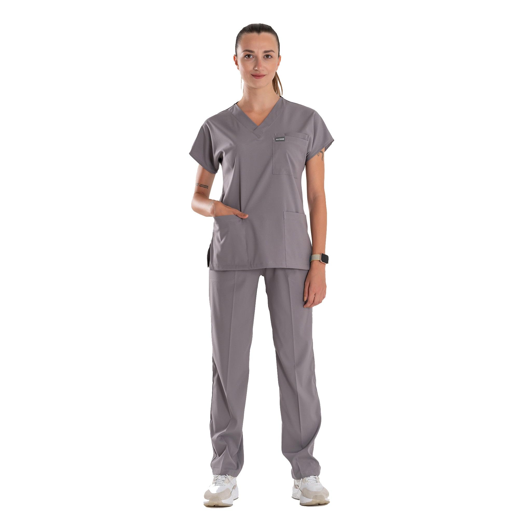 Uniformes médicos profesionales y uniformes quirúrgicos – Conjunto de uniformes médicos de tela elástica suave para mujer – Parte superior e inferior de uniforme médico, gris, XL