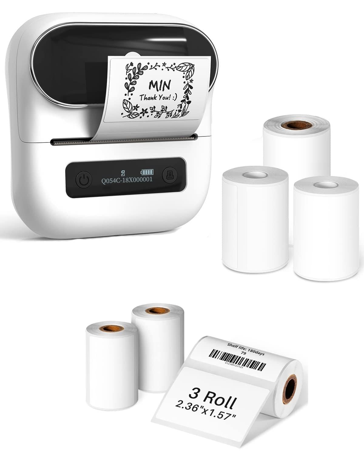Phomemo M220 Label Maker White+ with 6 Roll Label, 3.14 Inch Bluetooth Thermal Label Printer for Barcode, Address, Labeling, Mailing, File Folder Label, Easy to Use, Support Smartphone, Tablet&PC