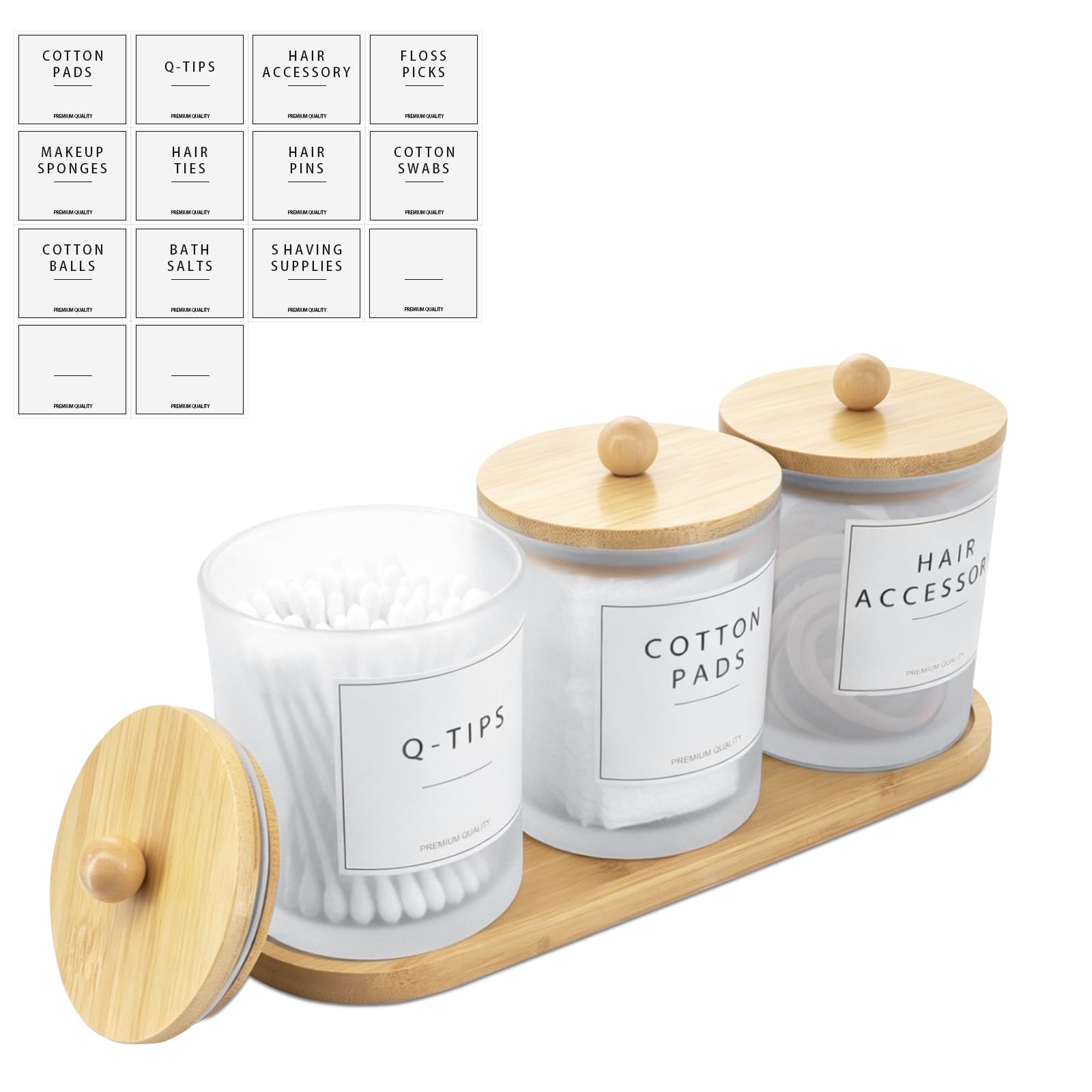 JJoexyfit 3-Pack Glass Cotton Bud Holder with Bamboo Tray & Lids