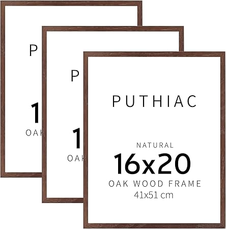 puthiac 16x20 Walnut Picture Frames for Wall - Minimalist 16x20 Oak Wood Frames, 16"x20" Picture Frame Wood, Natural Solid Wooden Picture Frames for Wall Art Photo and Prints (3 Pack, Walnut)