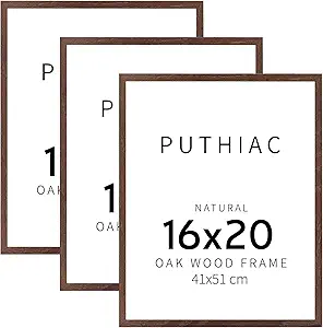 puthiac 16x20 Walnut Picture Frames for Wall - Minimalist 16x20 Oak Wood Frames, 16"x20" Picture Frame Wood, Natural Solid Wooden Picture Frames for Wall Art Photo and Prints (3 Pack, Walnut)