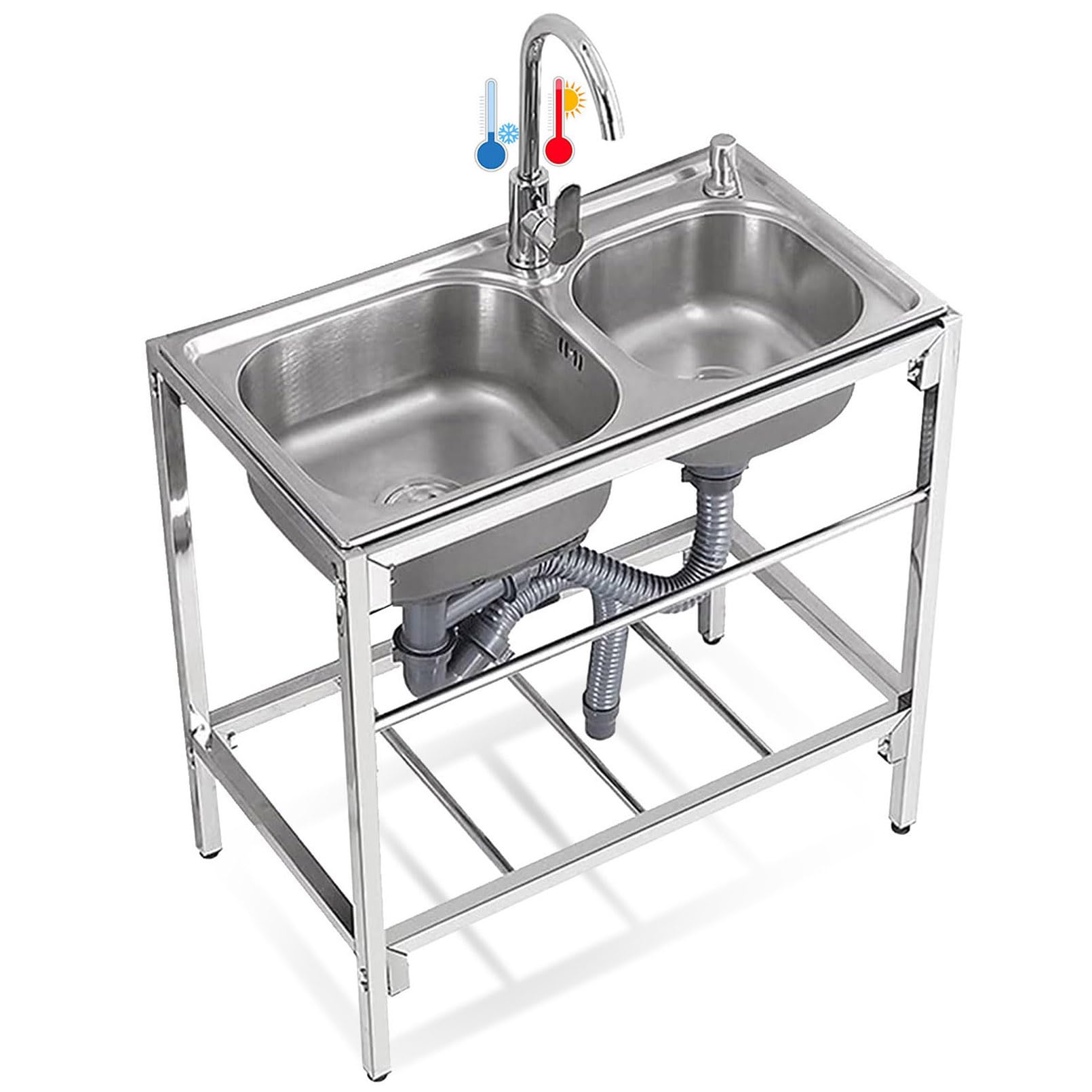 ZQFHSX Utility Sink 2 Compartment Stainless Steel Commercial Restaurant Set with Faucet Kitchen Workbench & Storage Shelves Double Bowl Hand Wash Basin