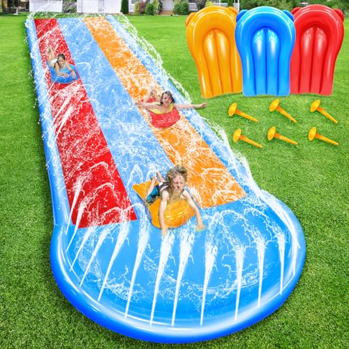 25 Ft Extra Long n Width Triple Slip Water Slide with 3-Way Sprin...