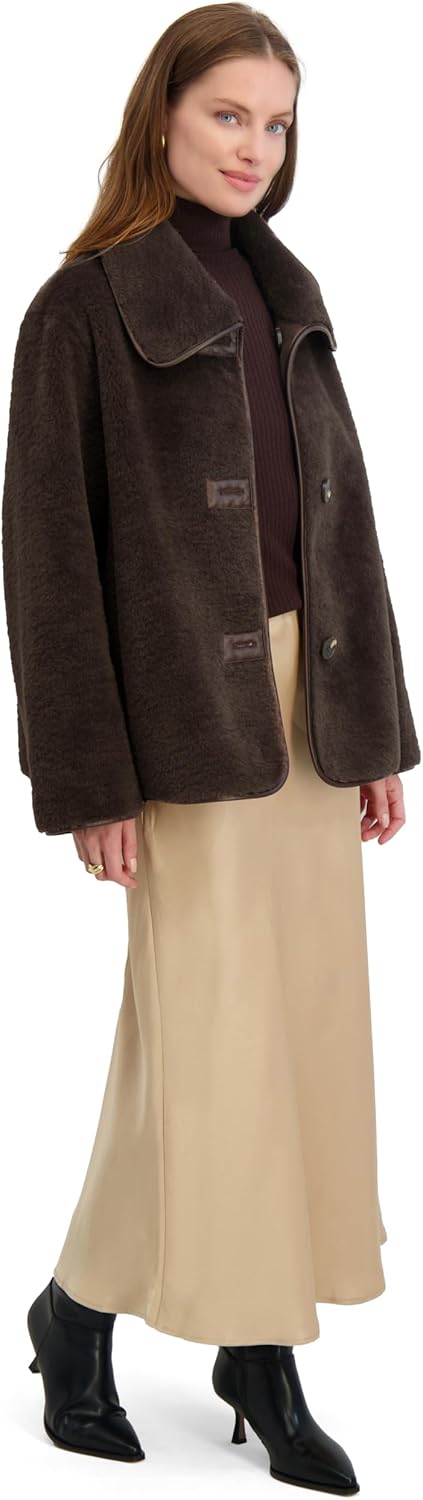 TAHARI Women's Faux Shearling Jacket With Pu Trim, Button Closure, Unlined - Image 3