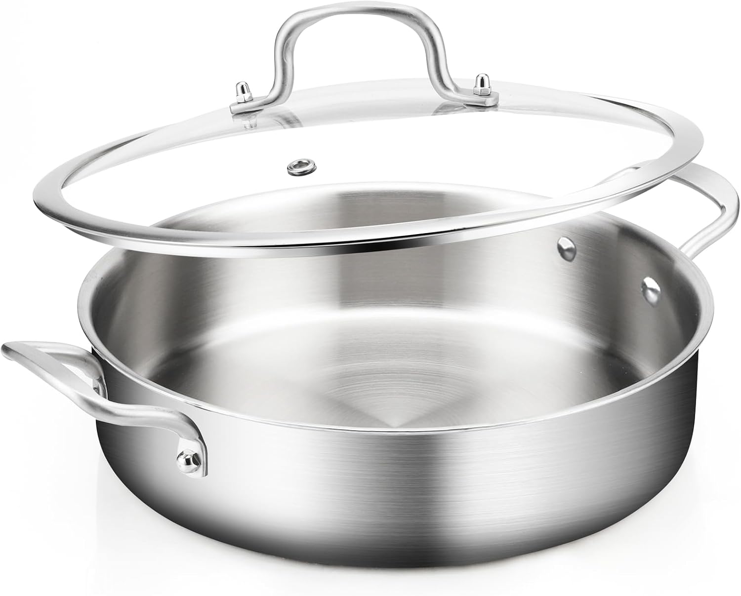 SIMILAR/NOT EXACT Large 3 Quart Tri-Ply Stainless Steel Skillet – Saute, Fry & Simmer in One Pan – Easy-Clean, Oven & Dishwasher Safe for Family Meals Stainless Steel 3QT-Two ears