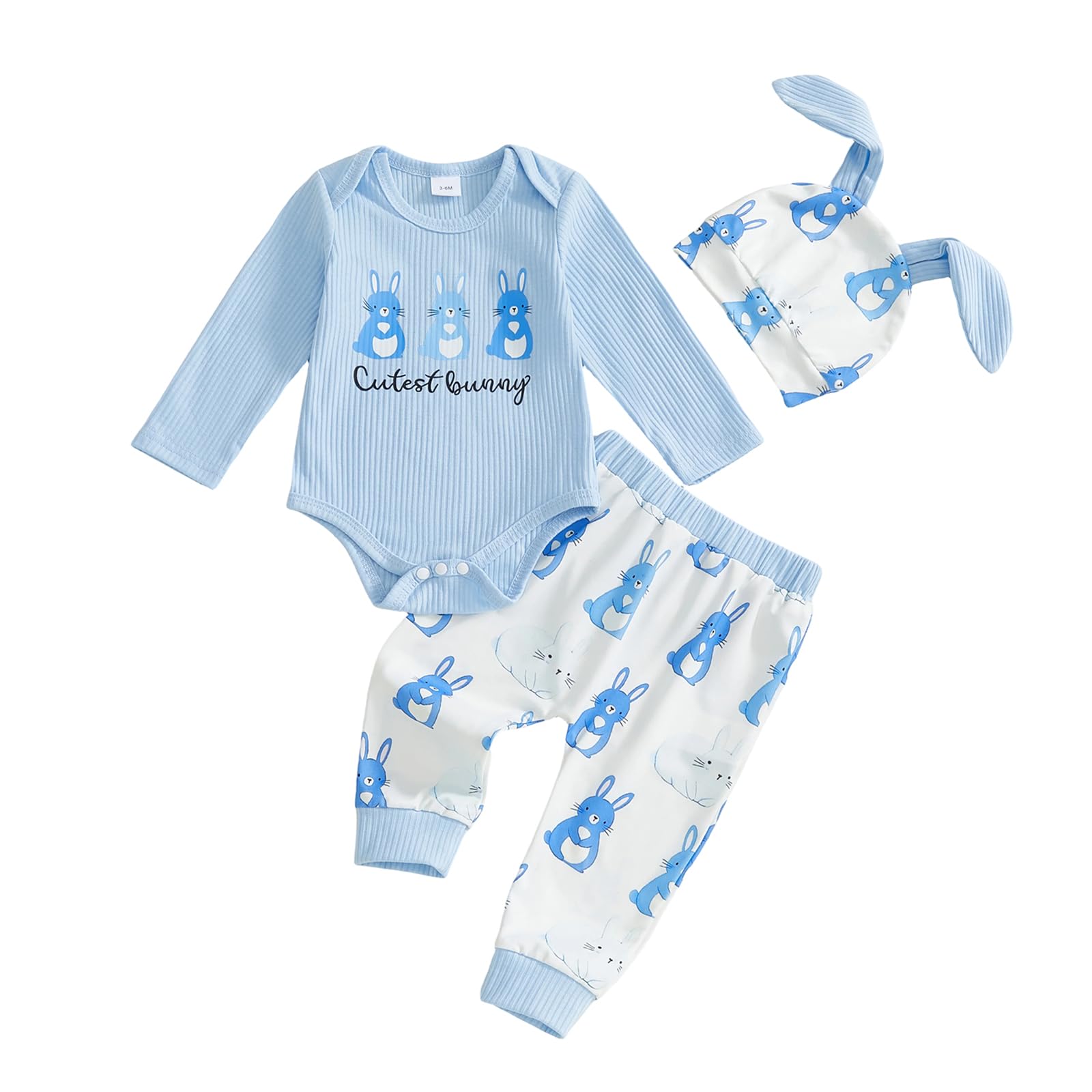 Loalirando Newborn Baby Boy Girl Easter Clothes Outfits Bunny Ribbed Long Sleeve Romper Trouser Hat Rabbit Clothing Set (Blue, 6-12 Months)