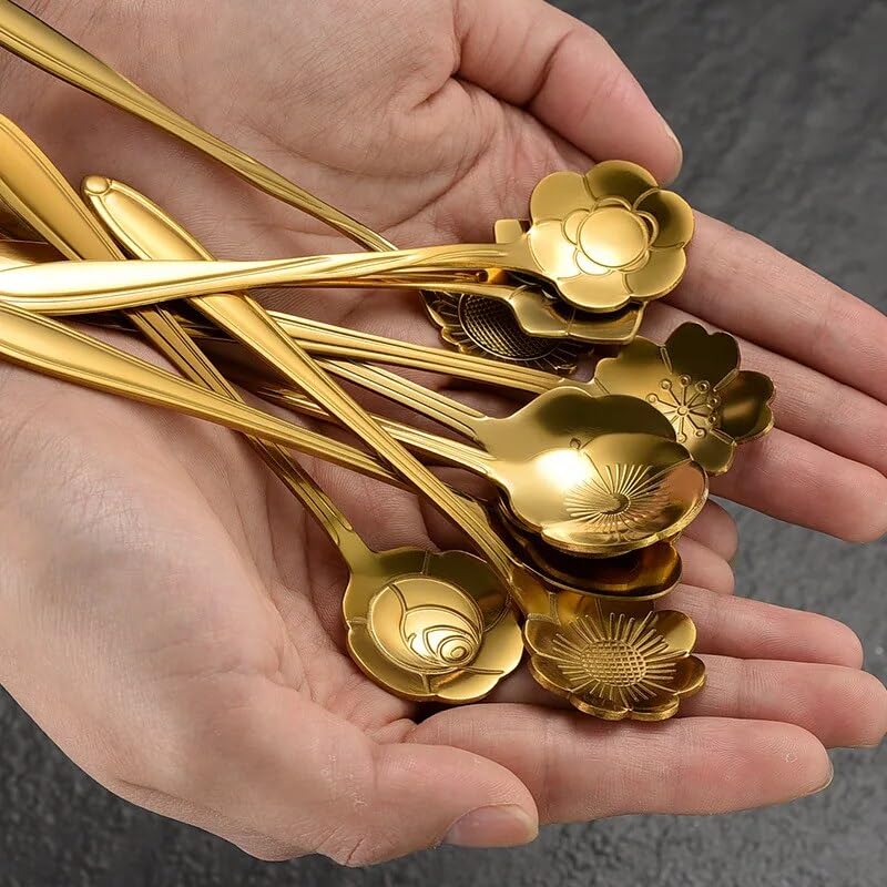 Juego de 6 cucharas de café de acero inoxidable con diseño de cerezo y rosa y flores doradas, regalos de cocina, postre, té, accesorios de decoración de vajilla, 6 piezas doradas
