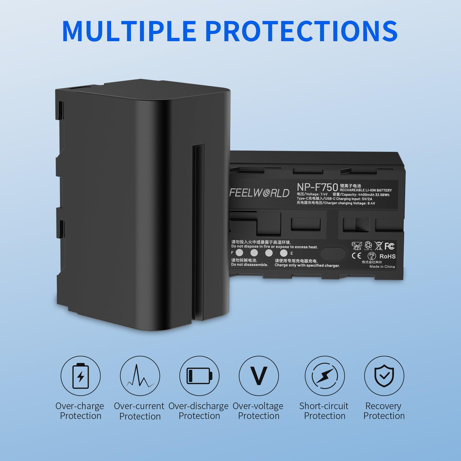FEELWORLD 1 Pack NP-F750 4400mAh Batteria sostitutiva di NP-F970 F960 F950 F770 F750 F570 F550, ricarica rapida USB-C ricaricabile per luce LED, monitor fotocamera, trasmissione wireless