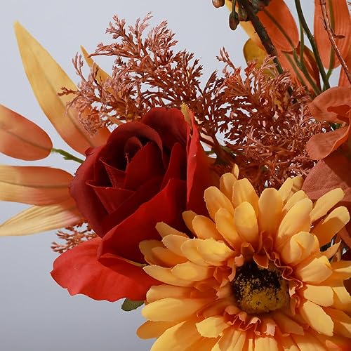 Miniatura 2 de Flores de seda con jarrón, arreglo de flores artificiales con jarrón de cristal, margaritas de rosas sintéticas para decoración de centro de mesa