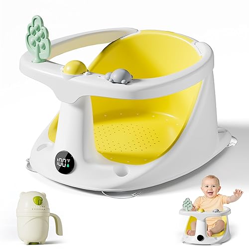 Asiento de baño para bebés de 6 meses en adelante, asientos de bañera para bebés sentados con taza de enjuague, antideslizante, cómodo, esenciales