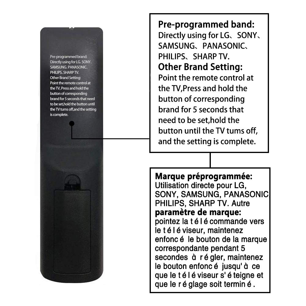 Remplacement de telecommande Universelle pour LG/Samsung/Sony/Toshiba/Sharp/Hitachi/TCL/Sanyo/Philips/Panasonic Smart TV -Configuration Facile de télévision