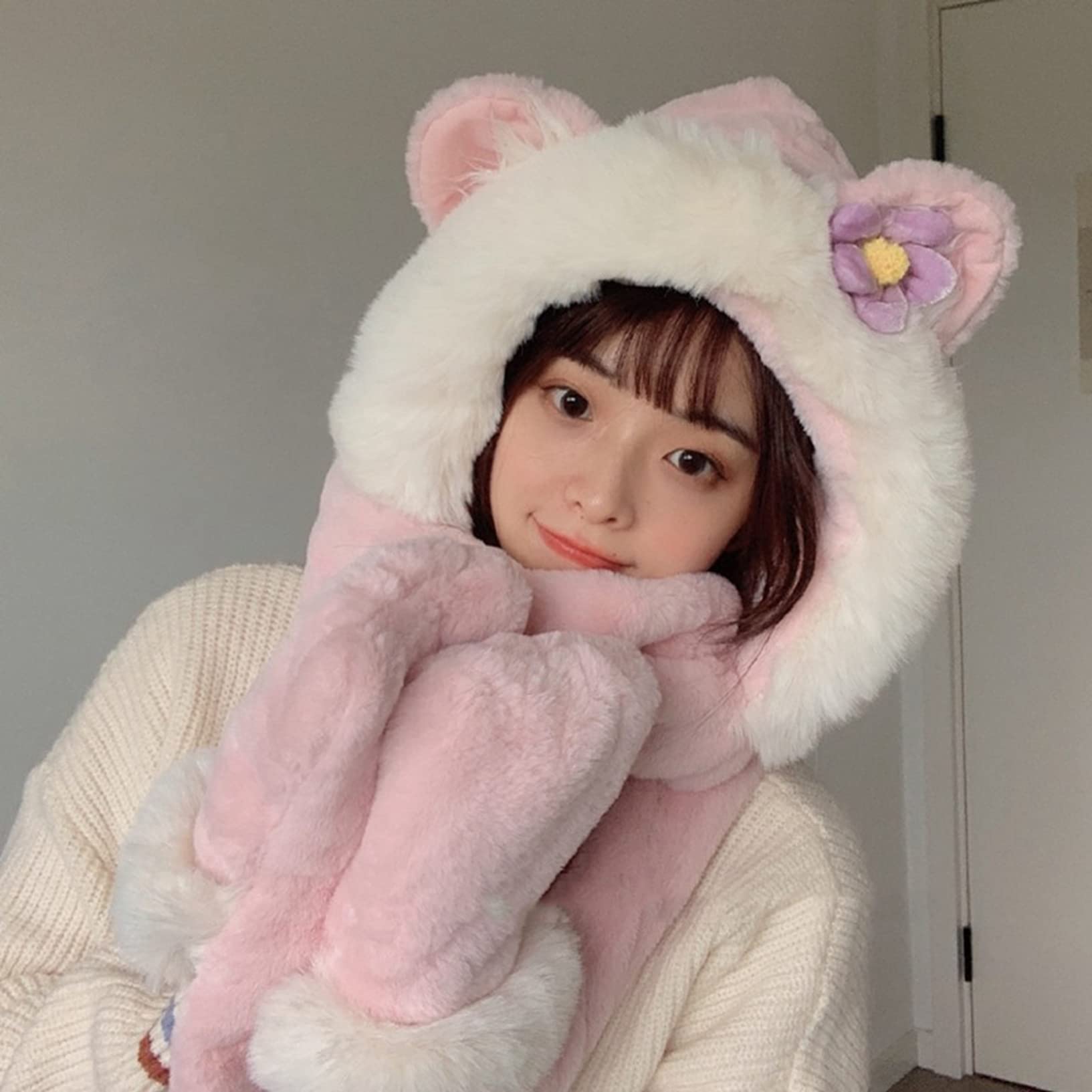 Amazon.co.jp: フード付マフラー 手袋 一体式 猫耳 ファーフード