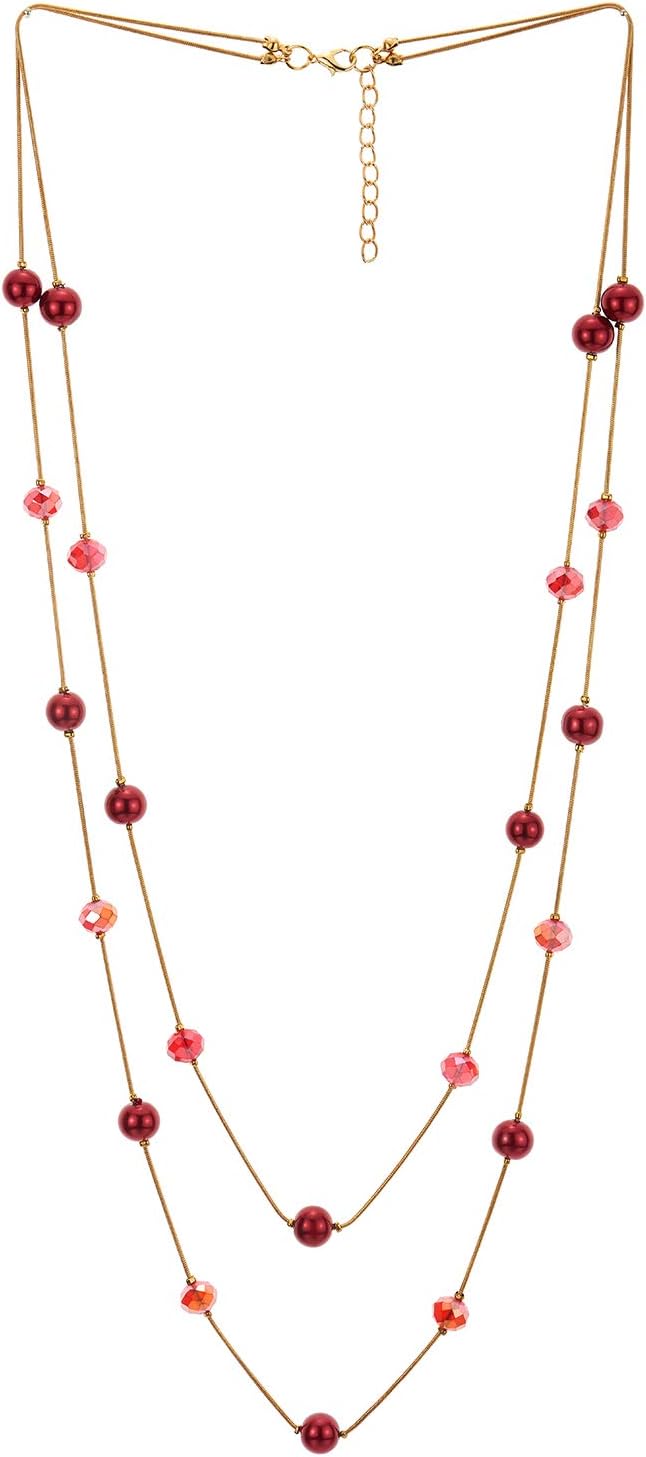 COOLSTEELANDBEYOND Statement Necklace Two-Strand Long Chains with Crystal Beads Charms, Fashionable, Dress