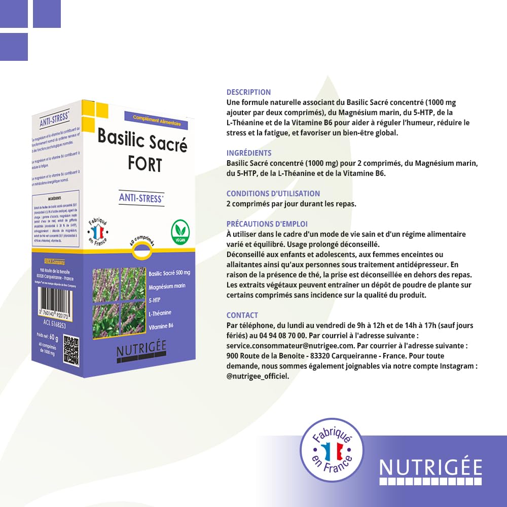 NUTRIGÉE - Basilic Sacré Fort - Équilibre - Anti-Stress - Bien-Être - Régule L'Humeur, Agit Contre Le Stress, Réduit La Fatigue - 2 Prises/Jour - 60 Comprimés - Programme 30 Jours - Fabriqué en France