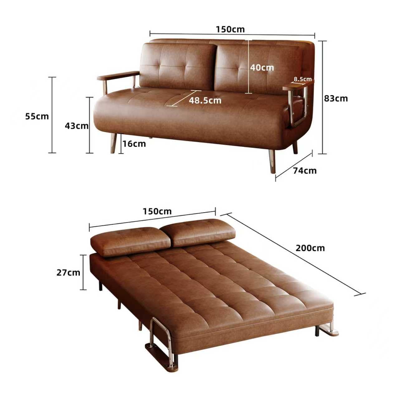 KAANAA Schlafsofa Klappsofa 150 cm, Braun, Lederoptik | 150 cm Breite, Klappfunktion, Lederoptik, Mit Matratze, Metallgestell, Platzsparend, Für kleine Räume