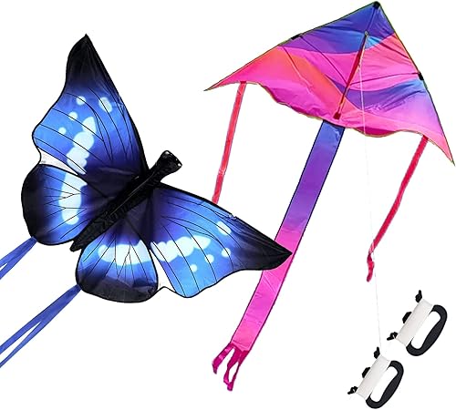 Paquete de 2 cometas Rainbow Delta y cometa de mariposa azul con cola larga, fácil de volar con líneas voladoras para niños y adultos