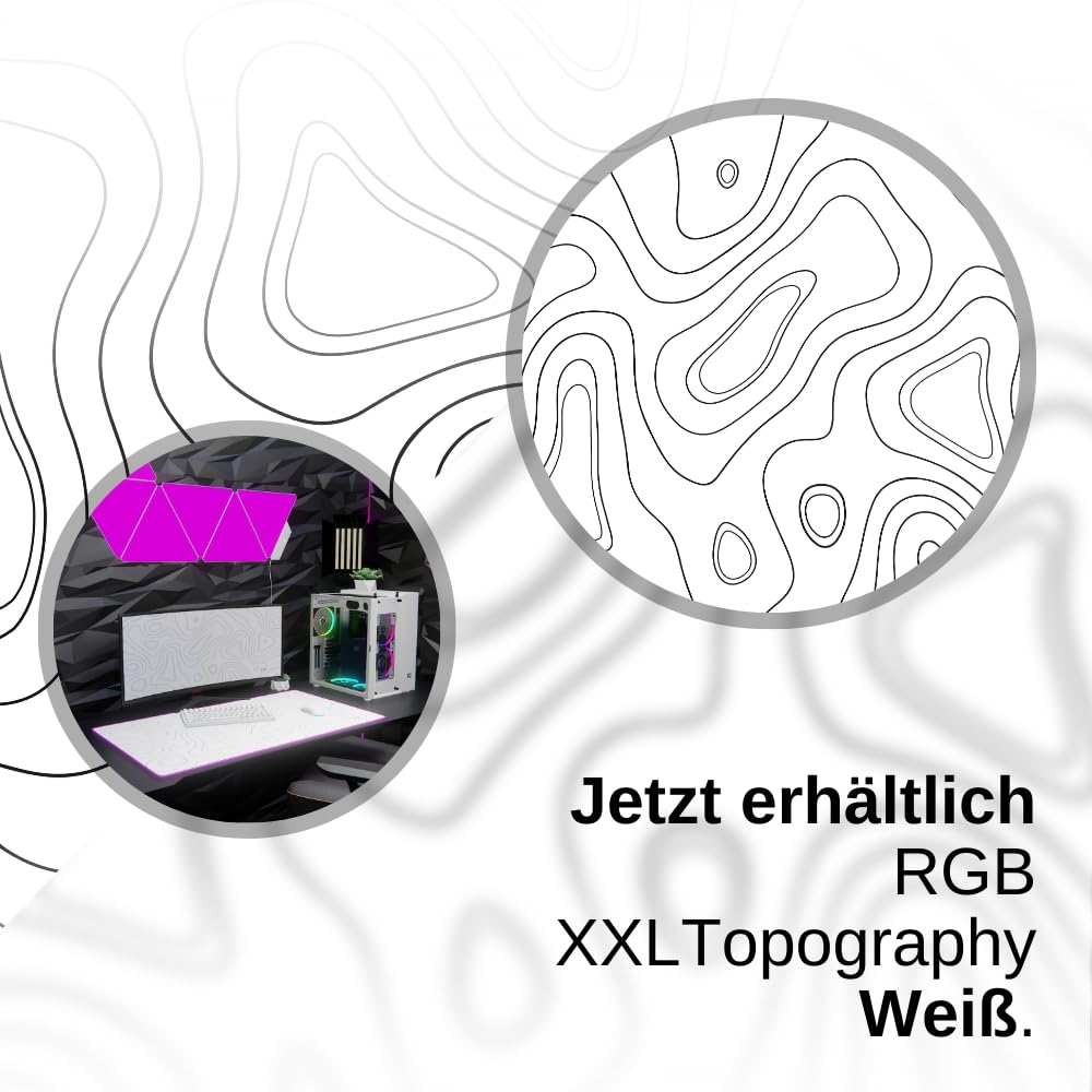 Nyfter - XXL Gaming Mauspad RGB White im Topography Design 900 x 500mm Premium Mousepad Size Groß vernähte Kanten langlebig mit high-end Glide und Anti-Rutsch Speed Gaming Mauspad