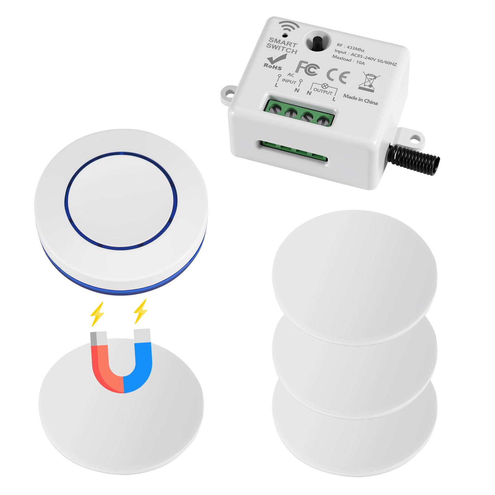 Interruttore radio luce 230 V, set di interruttori della luce wireless con telecomando fino a 30 metri, interruttore della luce senza batteria per lampade fino a 1500 W, facile da installare, set di
