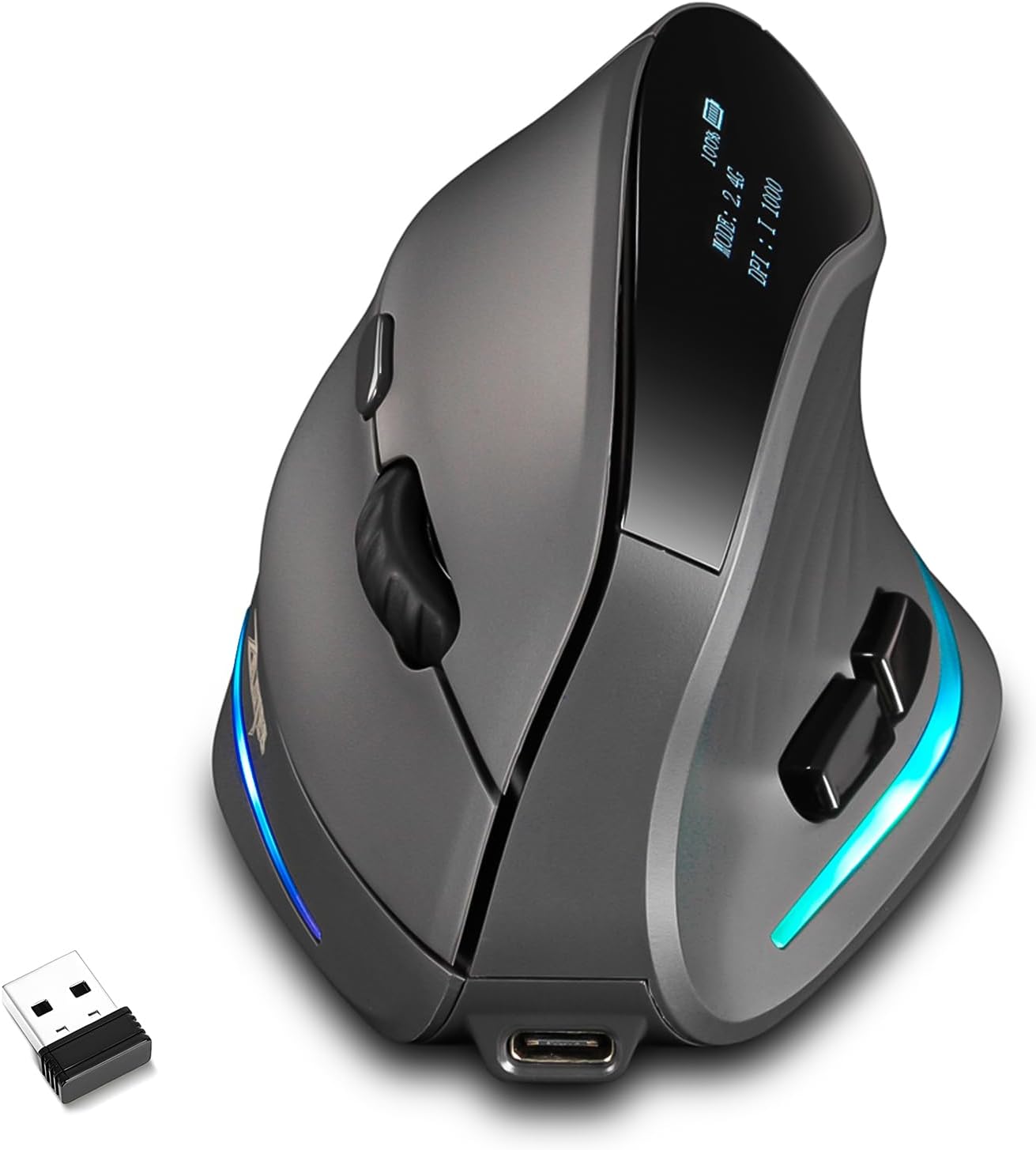 Gaming Mouse with Display, Wireless Vertical Ergonomic Mouse with Tri-Mode Connectivity, 7 Programmable RGB Buttons, 4000 DPI, Rechargeable for PC Laptop Mac Gray - Image 1 of 9