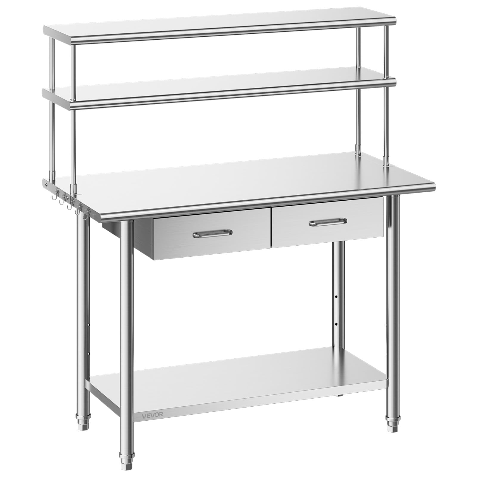 VEVOR Tavolo da Lavoro per Cucina, Tavolo per Preparazione da Cucina 1220 x 610 x 1400 mm in Acciaio Inox con Cassetti Ripiani Portaoggetti, Piano Carico max 245 kg, Ristorante, Hotel, Supermercato