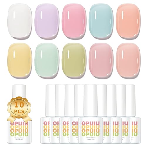 OPUIU Juego de 10 esmaltes de uñas de gel de gelatina pastel color rosa helado transparente nude kit de esmalte de uñas translúcido de verano kit de