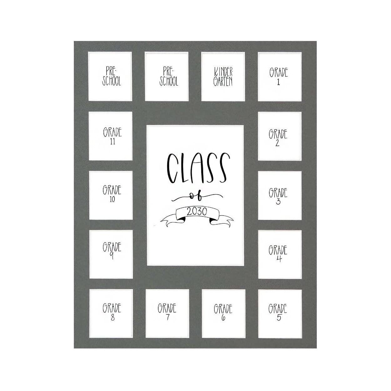 Rustic Red Door Co. RRD Class of 2030 Photo Mat (11 x 14) - Photo Collage Picture Frames Mat for School Pictures School Picture Frame Pre-K to 12 Mat - No Frame Grey Photo Mat (15 Photos)