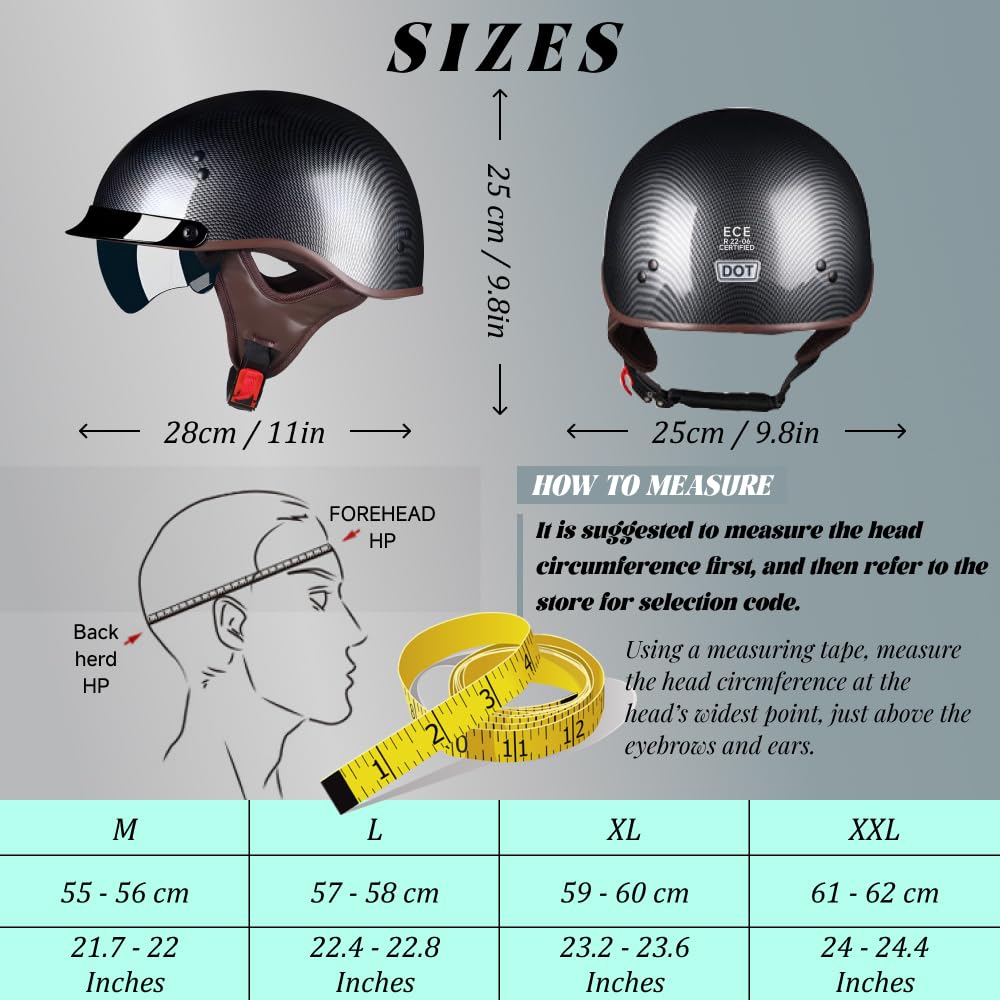 Retro Motorrad Jethelm mit Visier und Sonnenblende, ECE 22.06 Halbhelm, Leichter Halbschalenhelm für Damen und Herren, für Roller Moped Chopper City Ride