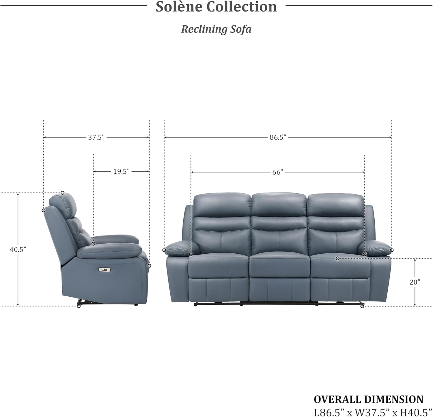 Lexicon Recliner Sofa for Living Room, Double Recliner RV Couch, Power Wall Hugger Recliner Home Theater Seating Leather Reclining Sofa, with USB Charge Port, 86.5''W Sofa, Blue