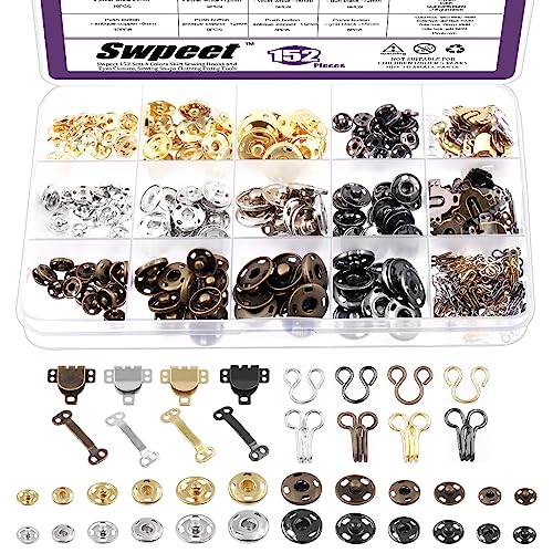 Swpeet - Swpeet 152Pairs 3 Styles 4 Colors Skirt Hooks and Eyes Sewing Hook with Metal Sewing Snap Buttons Assortment Kit, Sewing Snaps Hook and Eye Latch with Metal Press Studs for Clothing