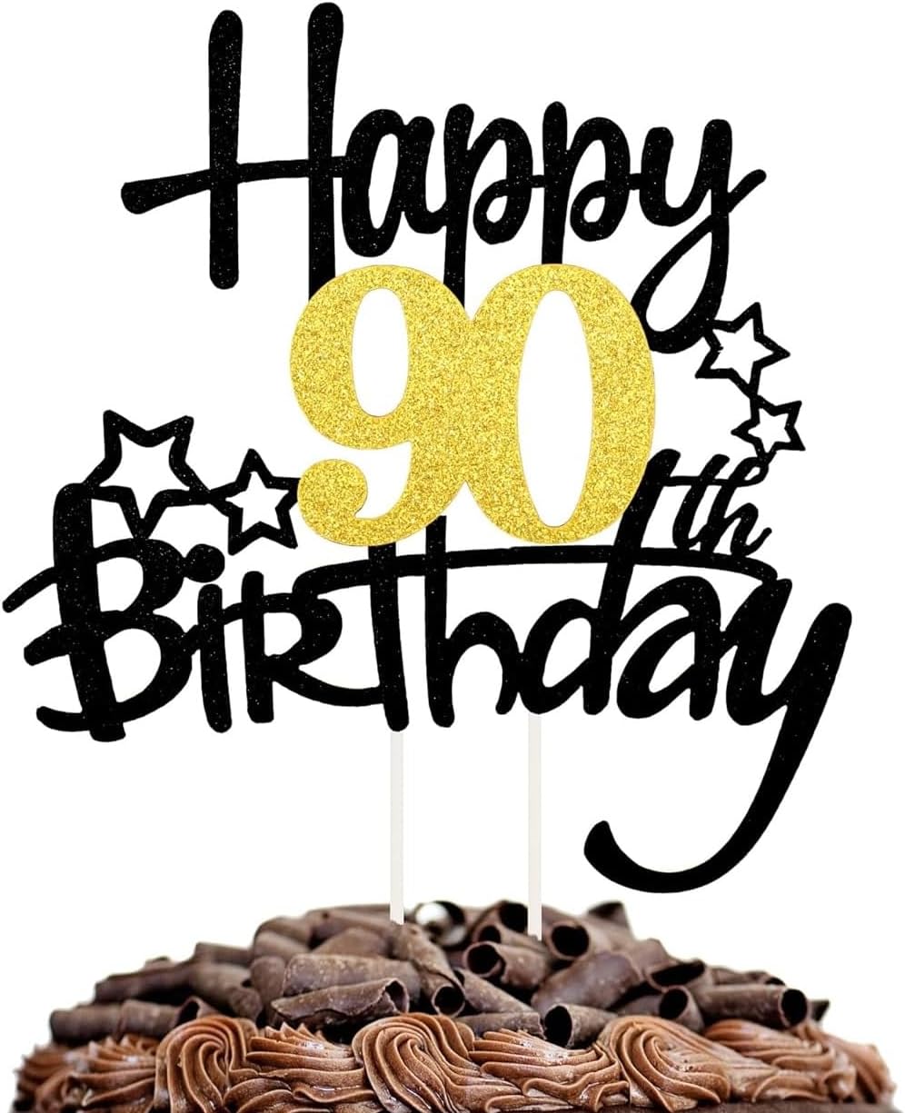 Happy 90th Birthday Cake Toppers Black Gold Glitter, Cheers to 90 Years Old Bday Decoration 90th Anniversary Dessert Topper, Ninety Theme Cake Picks Appetizers Cocktail Toothpicks Party Supplies