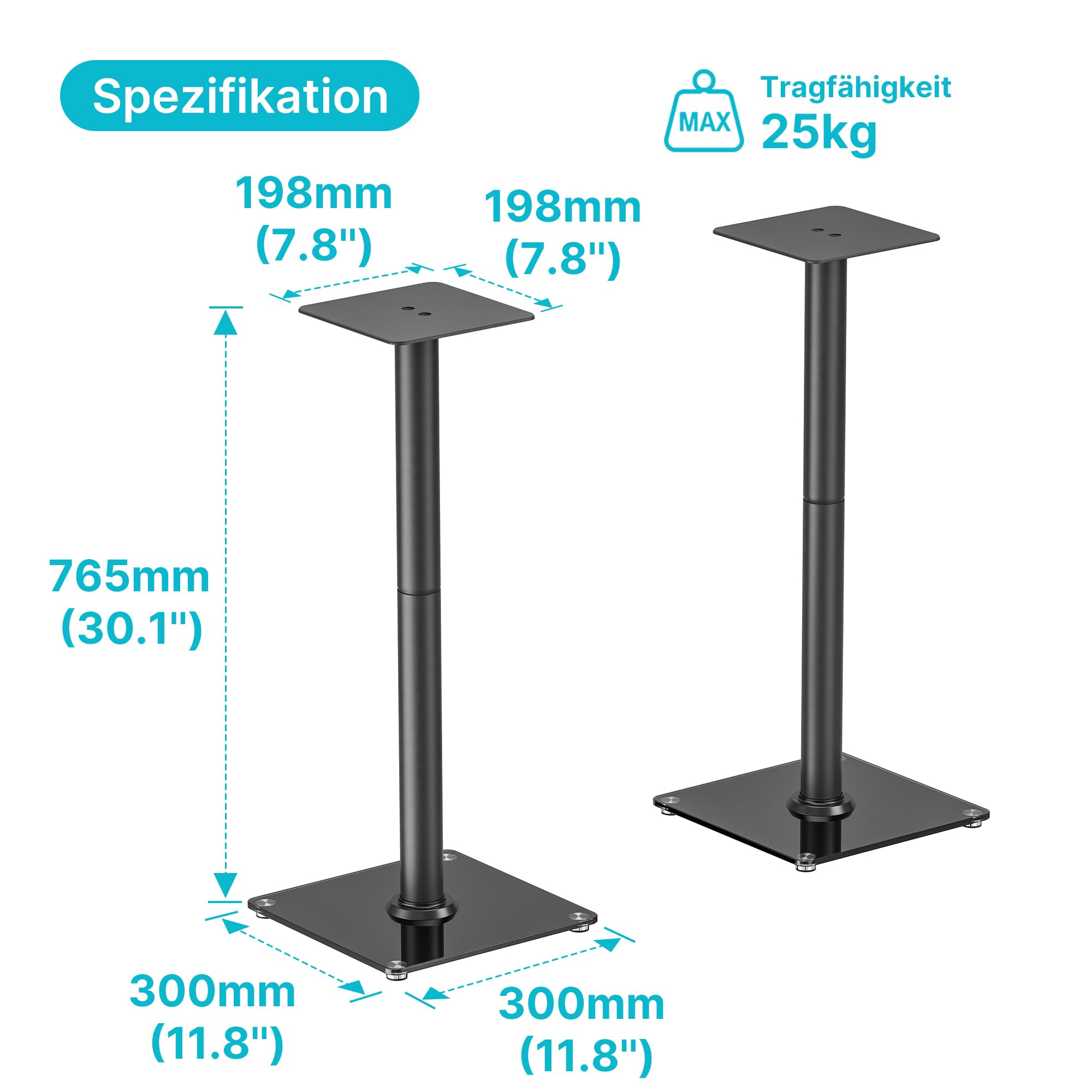 Pegzone Lautsprecherständer für Surround Sound,Universal Boxenständer Tragfähigkeit 25 kg,76,5 cm hohe Regallautsprecher-Ständer,Kabelmanagement,1 Paar,großer Glasbasis,schwarz