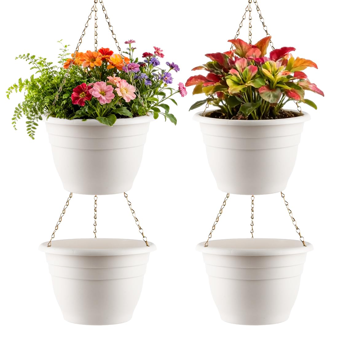 RooTrimmer Hanging Planters 10 Inch, 4 Pcs Flower Pots with Drainage Hole, Self Watering Hanging Basket for Indoor Outdoor Plants, Decor, White