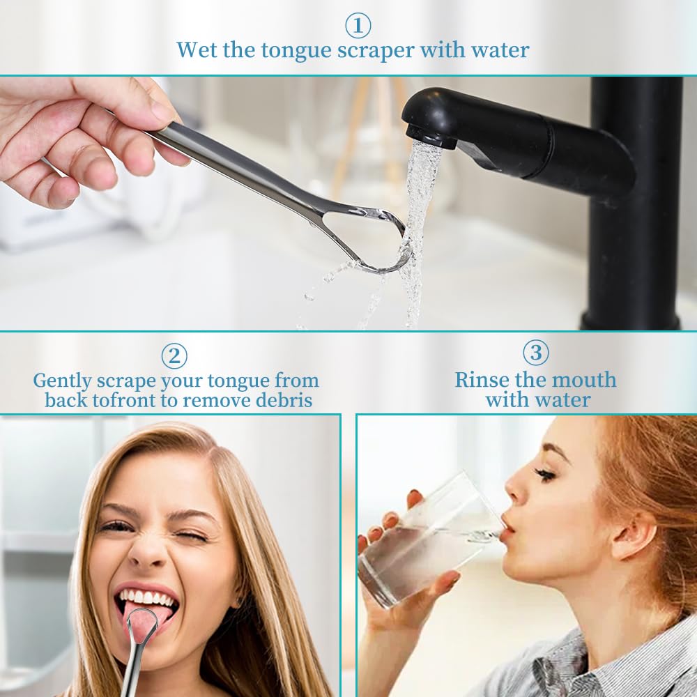 VIWIK Paquete de 6 raspadores de lengua de acero inoxidable, sin BPA, fácil de usar, suave con la lengua, promueve el aliento fresco y la higiene bucal, duradero, resistente al óxido, adecuado para