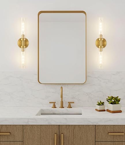 Miniatura 3 de Lámpara de tocador de baño de oro cepillado, lámpara de pared moderna de 2 luces con vidrio transparente, lámpara de montaje en pared de latón para
