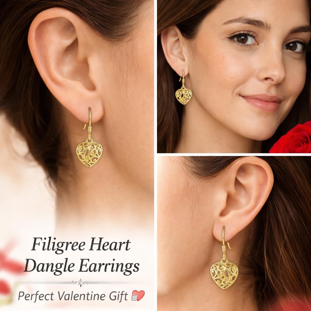 Filigree Heart Dangle Earrings - 14K Yellow Gold Plated 925 Sterling Silver Open Heart Drop Earrings - Openwork Dangling Earring Jewelry Birthday Valentines Day Gifts for Women - Image 2