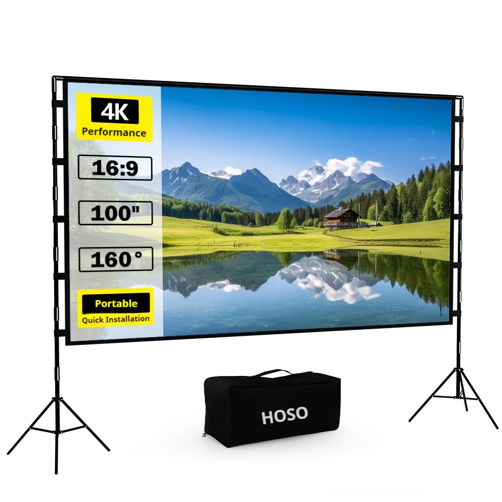 HOSO 100 Inch Projection Screen with Stand, Portable Storage Design (Size 40x18x19cm) Quick Removal Design, 16:9 4K HD Wrinkle-Resistant Movie Screen for Family Movie Nights and Camping Parties