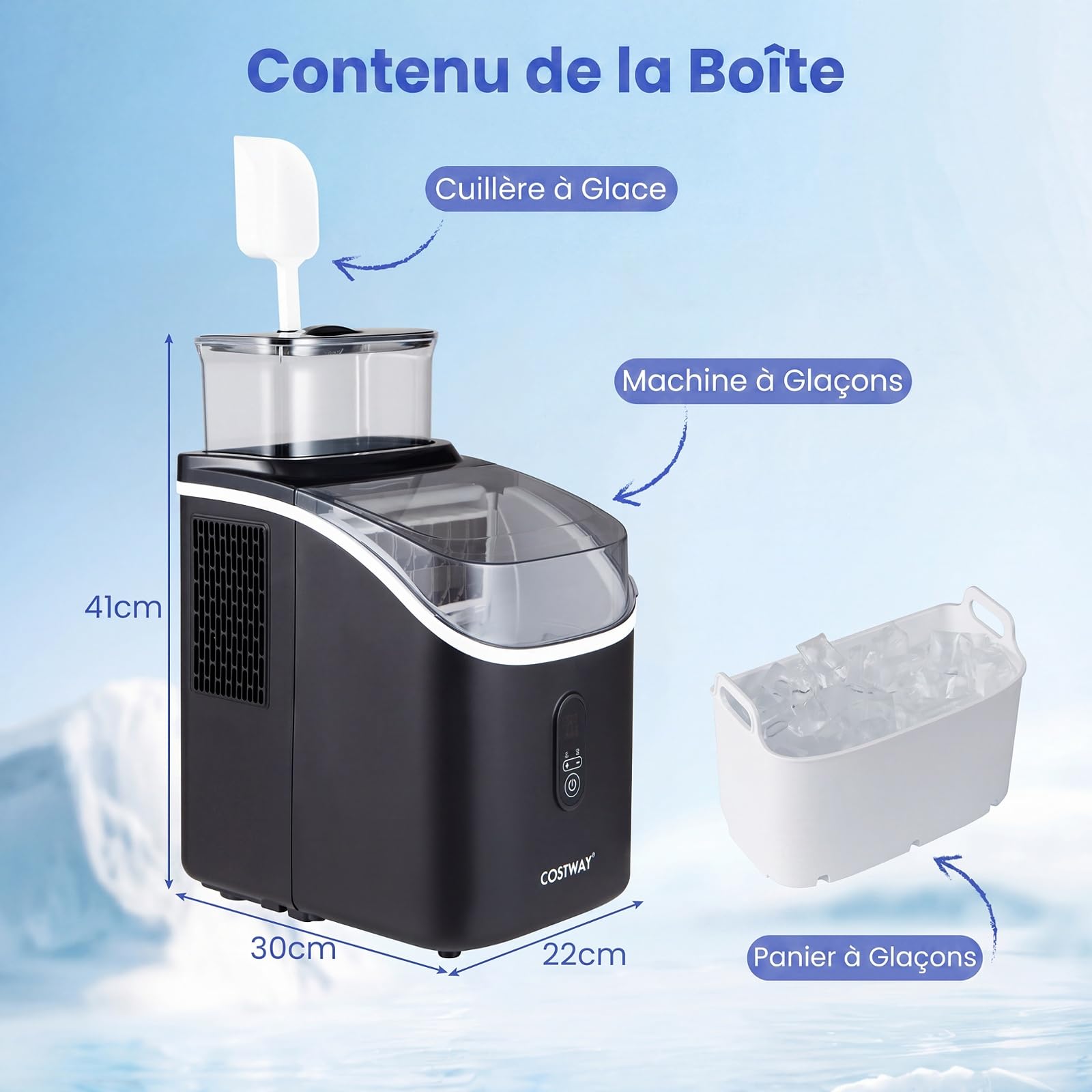 COSTWAY Machine a Glacons de Comptoir pour Maison, Bureau, Bar (Noir) | Machine à Glace, 15 kg/24h, 16 Glaçons Carrés en 13 Min, 13 Épaisseurs Réglables, Auto-Nettoyage, Minuterie 24h, Silencieuse