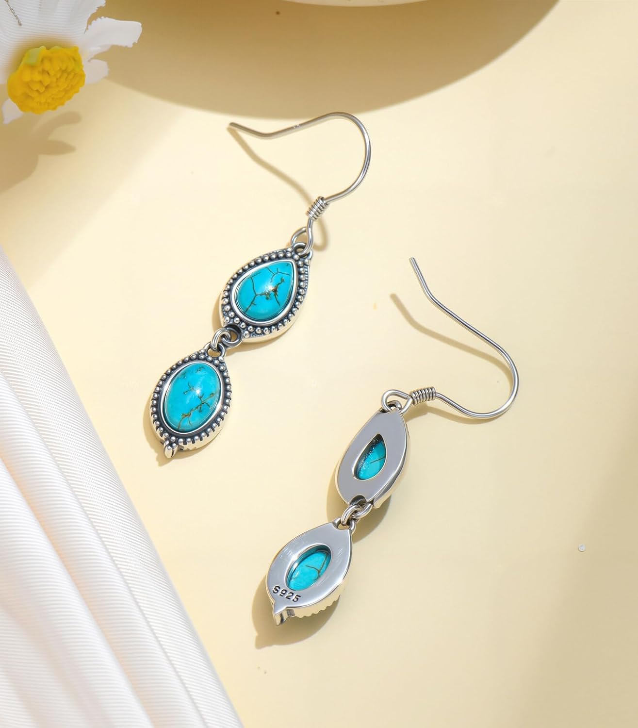 Genuine Turquoise Dangle Teardrop Earrings, Sterling Silver Vintage Native American Western Boho Earrings Jewelry for Women