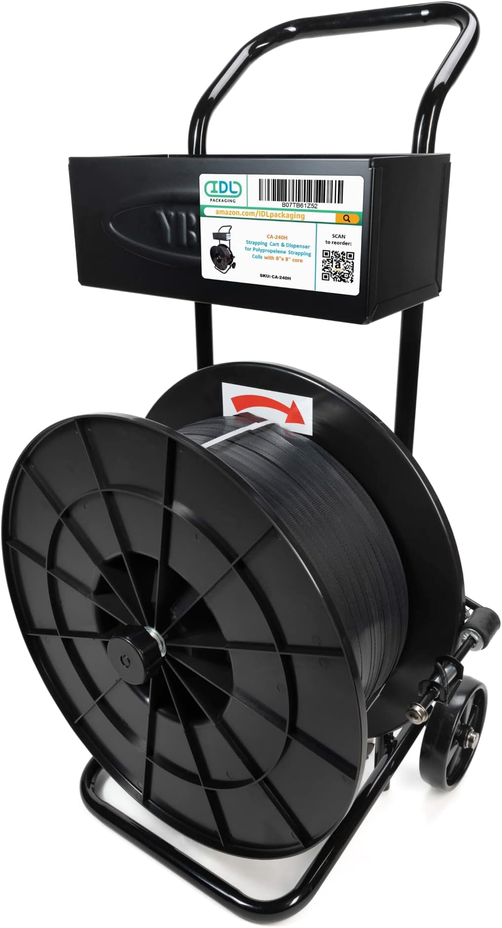 IDL Packaging CA-240H Strapping Cart & Dispenser for Polypropylene (PP) Coils with 8" x 8" Core Size - Durable Sturdy Tube Frame - Spacious Tray for Strapping Cutter, Buckles and Gloves