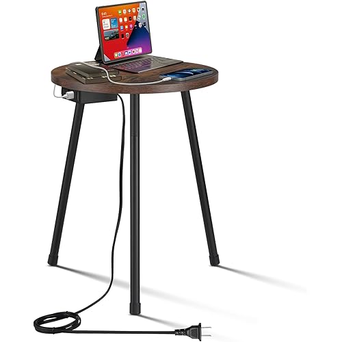 End Table with Charging Station, Round Side Table with USB Port & Outlet, Adjustable Height Metal Leg, Small Nightstand Table for Living Room Bedroom, 12.8''D x 20''H, Rustic Brown
