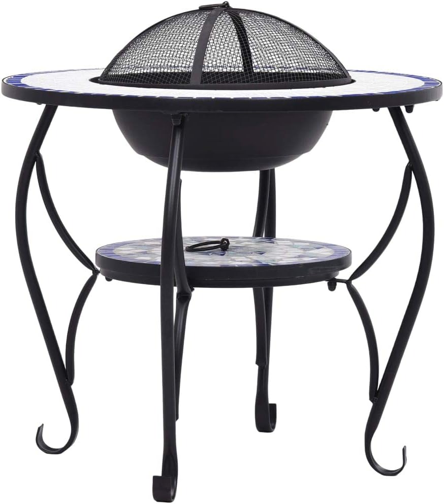 Mosaic Fire Pit Table, Outdoor Fire Pit & Ice Bucket & Side Table, Round Tile Tabletop for Patio, Backyard, Patio, Garden, Blue and White 26.8" Ceramic