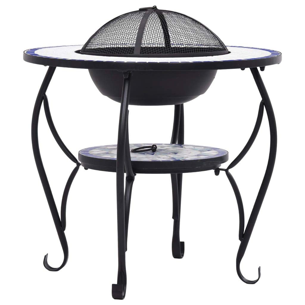 Mesa de fuego de 68 x 68 x 60 cm, mosaico de cerámica, color azul y blanco, con protección contra chispas, atizador, jardín, terraza, barbacoa
