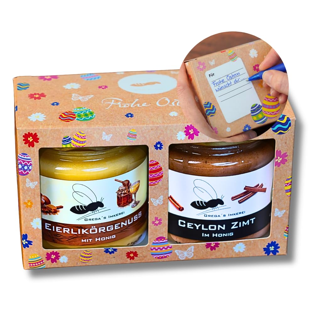 Honigsüßes Oster Geschenkset 2er Box mit Honig & mehr von Grega’s Imkerei | 2× 250 g Honigspezialitäten in „Frohe Ostern“ Box mit Grußfeld (Ceylon Zimt & Tiramisugenuss mit Honig 250g)