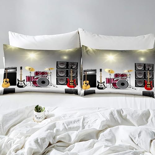 Miniatura 4 de Juego de ropa de cama de guitarra eléctrica, sábana con temática musical, para niños, adolescentes, niñas, moderna, suave, con bolsillos profundos,