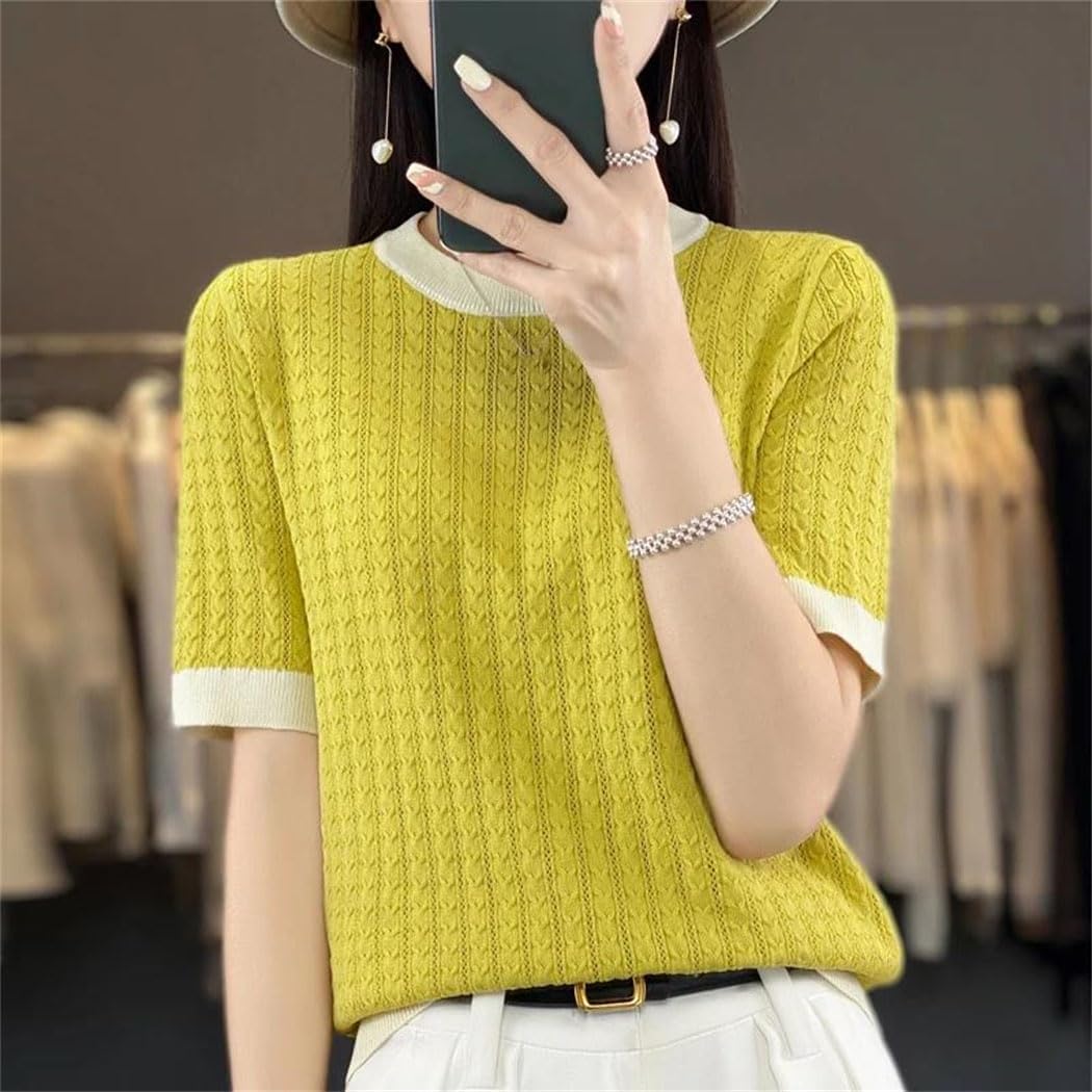 Women's Short Sleeve Crewneck Sweater Color Block Twisted Loose Fit Knit Top Cool Silk Casual All Match Tee