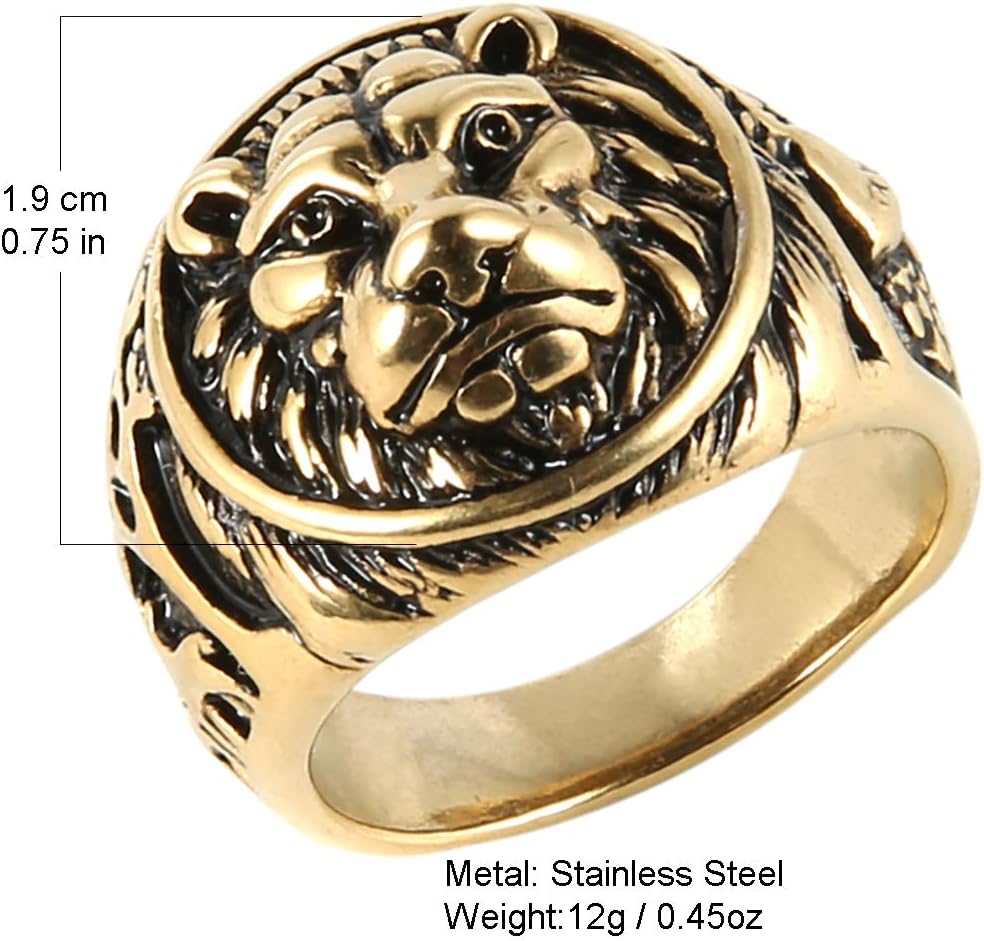 HZMAN Men's Vintage Stainless Steel Ring Lion Head Shield Biker Gold/Silver/Black