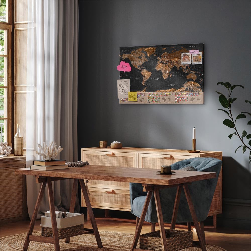 murando - Mapamundi con tablero para clavar chinchetas 120x80 cm - Cuadro | Lienzo estructurado - 1 parte - Panel de Fibra - Mapa del Mundo Continente