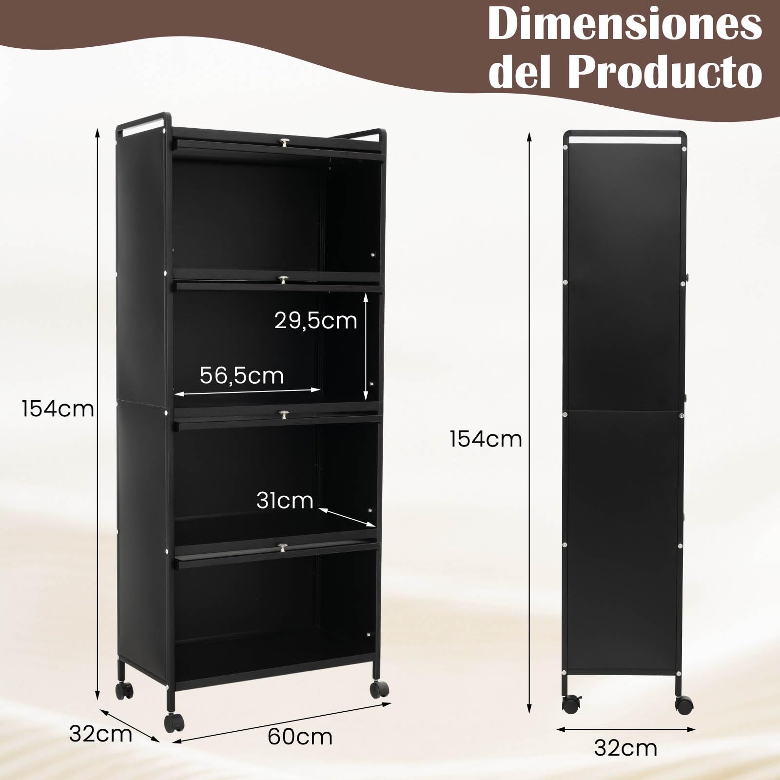 GIANTEX Armario de Cocina de Metal con 4 Compartimentos, 60 x 32 x 154 cm, 4 Puertas Abatibles de PC, Armario de Almacenamiento con 4 Ruedas con Kit Antivuelco, para Cocina, Comedor (Negro)